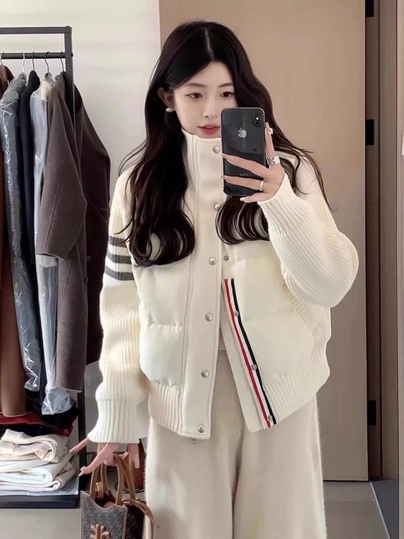 【设计师款】拼接羽绒服翻领2024冬季时尚百搭保暖小香风海军外套