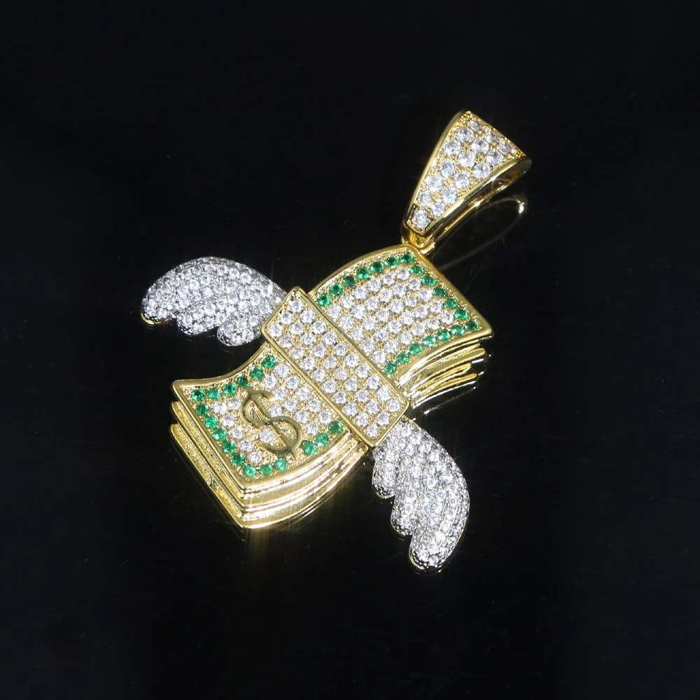 铜合金合成锆石吊坠 New life power满锆石带翅膀飞翔的钱币吊坠