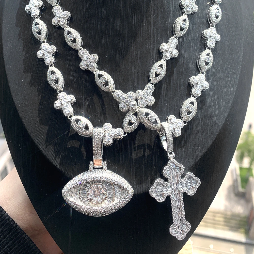 铜合金合成锆石项链 TWG嘻哈新款眼睛十字架配套锆石吊坠时尚项链