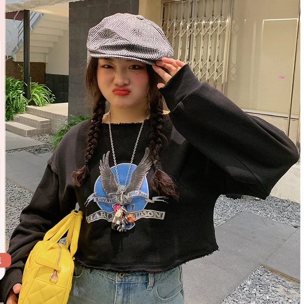 Dazi金大支休闲甜酷风 短款毛边卫衣女上衣0630/0337