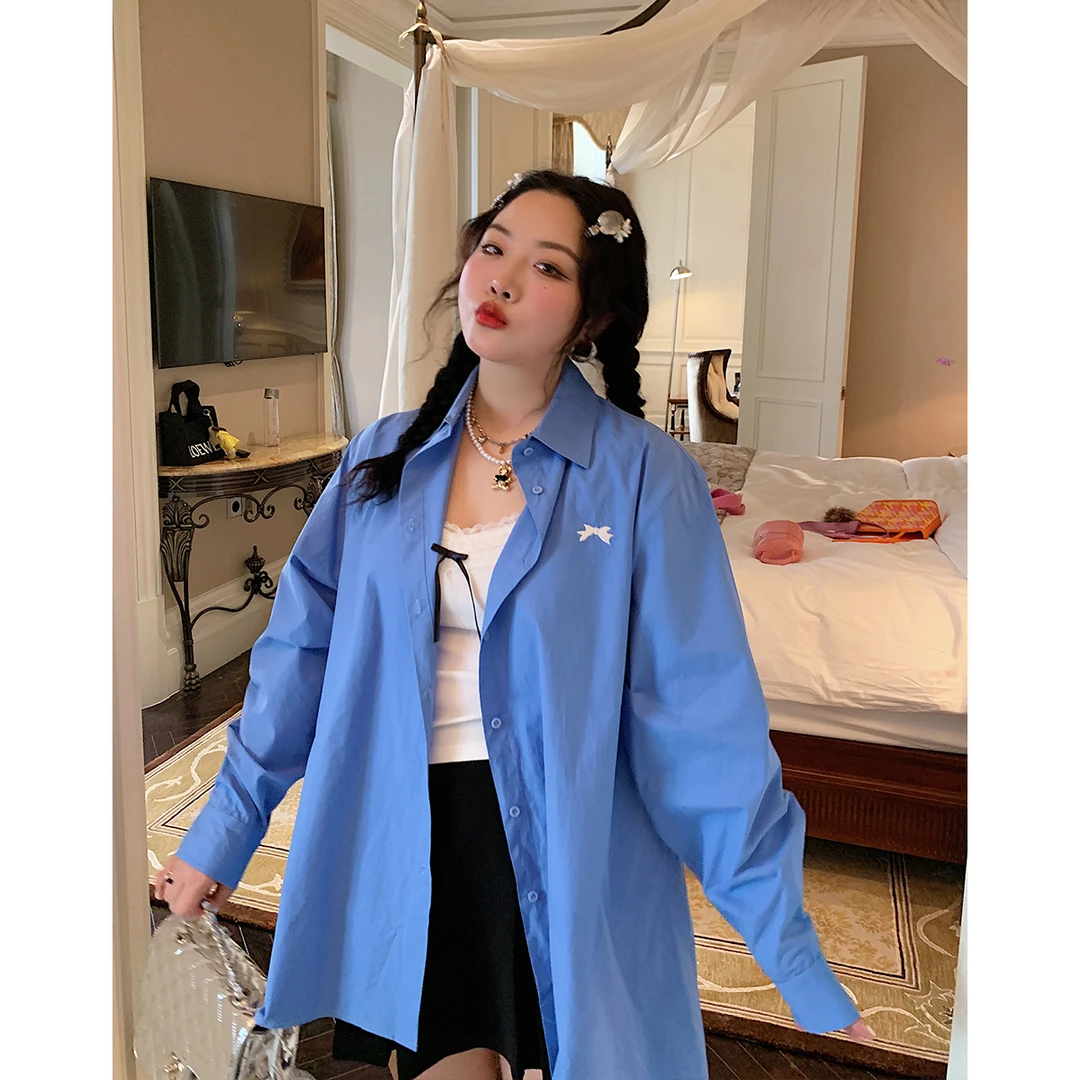 Dazi金大支蓝色蝴蝶结刺绣衬衫0306/0052长袖休闲韩版设计感春秋