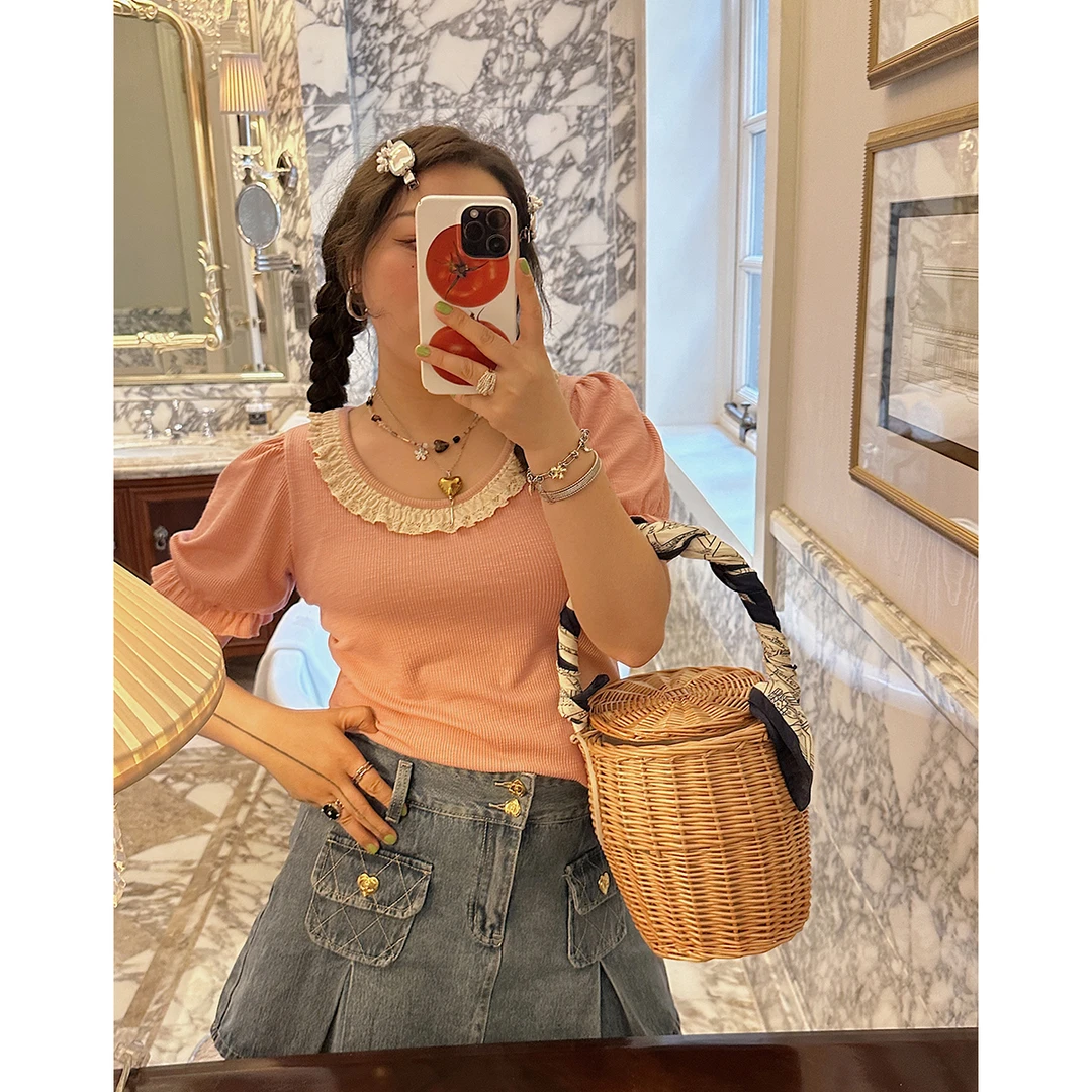 Dazi金大支洋气时尚显瘦百搭夏季修身蕾丝边新款大圆领T恤1622