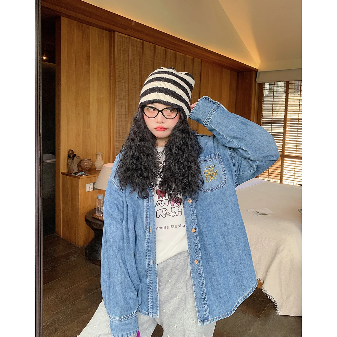 Dazi金大支刺绣牛仔衬衫女上衣蓝色宽松长袖1116/2011韩版