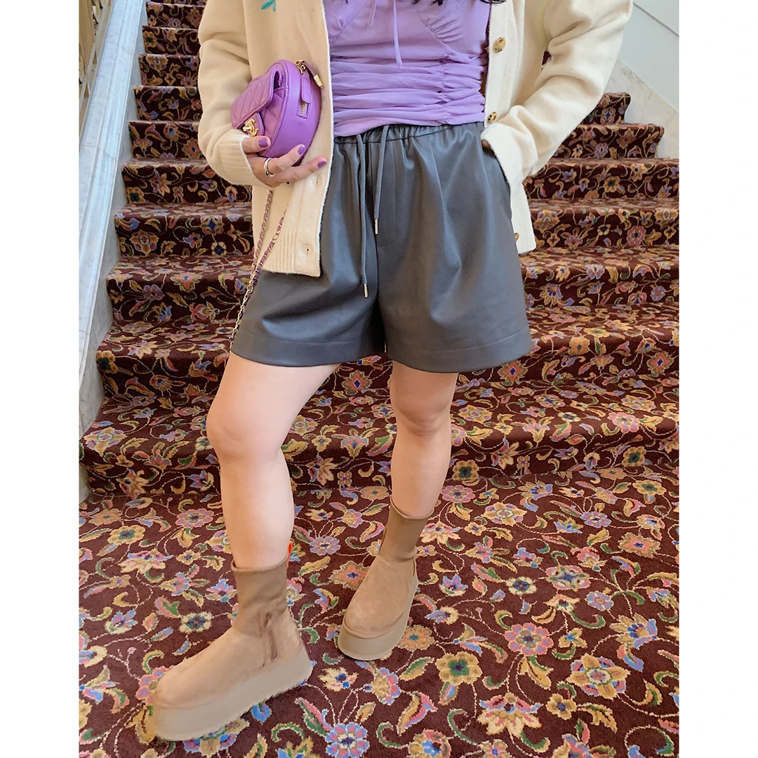 Dazi金大支松紧腰皮短裤黑色百搭微胖大码韩系1935阔腿韩系