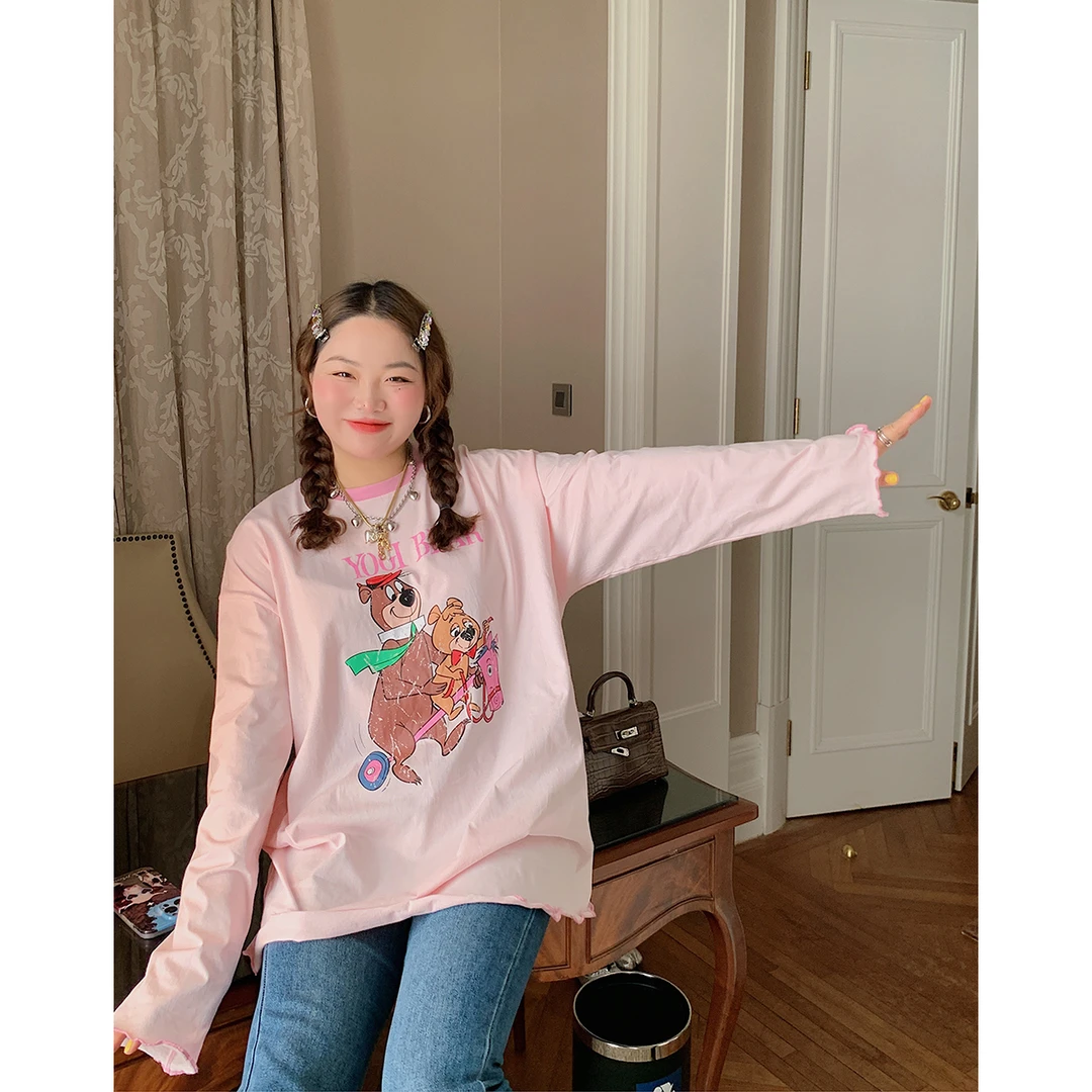 Dazi金大支宽松圆领卡通时尚粉色休闲撞色木耳边长袖T恤印花1564