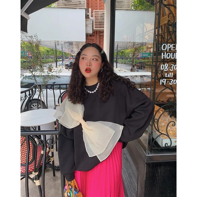 Dazi金大支蝴蝶结拼接卫衣宽松秋可拆卸女圆领上衣设计感套头1181