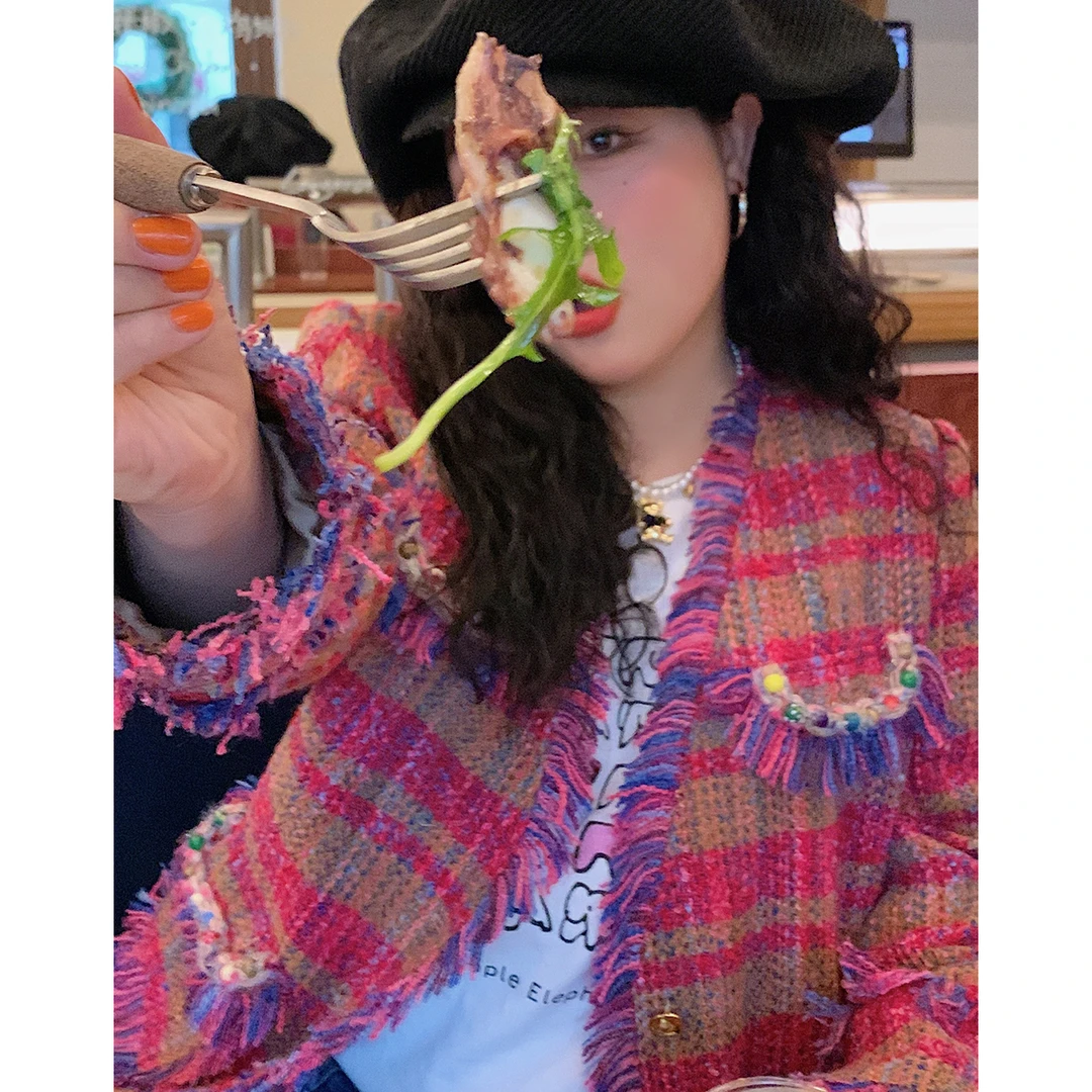 Dazi金大支小香风格子外套气质复古红色韩版流苏2098春秋