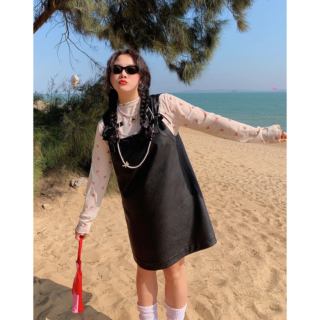 Dazi金大支蝴蝶结拼接皮背心裙时尚减龄韩版宽松连衣裙0004