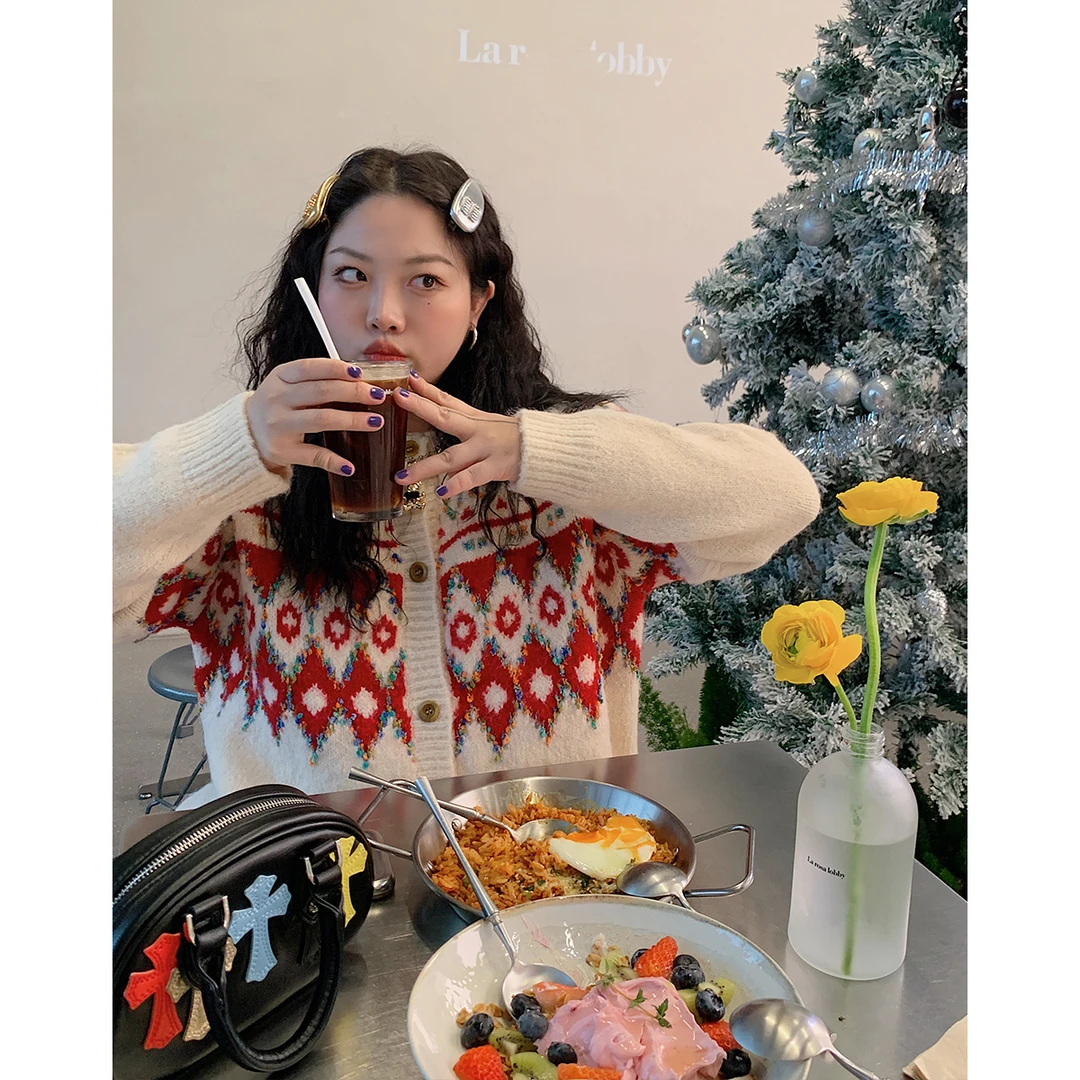 Dazi金大支米白撞色毛衣女开衫宽松圣诞宽松圆领1210/2064韩版