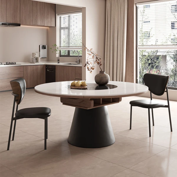 极简伸缩岩板餐桌现代简约碳素钢小户型意式轻奢方圆两用家用圆桌