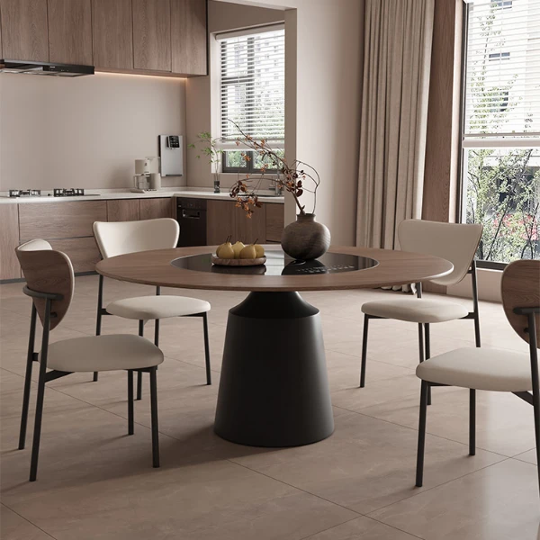 北欧实木餐桌圆形带转盘6人家用现代简约意式高端亮光岩板圆餐桌
