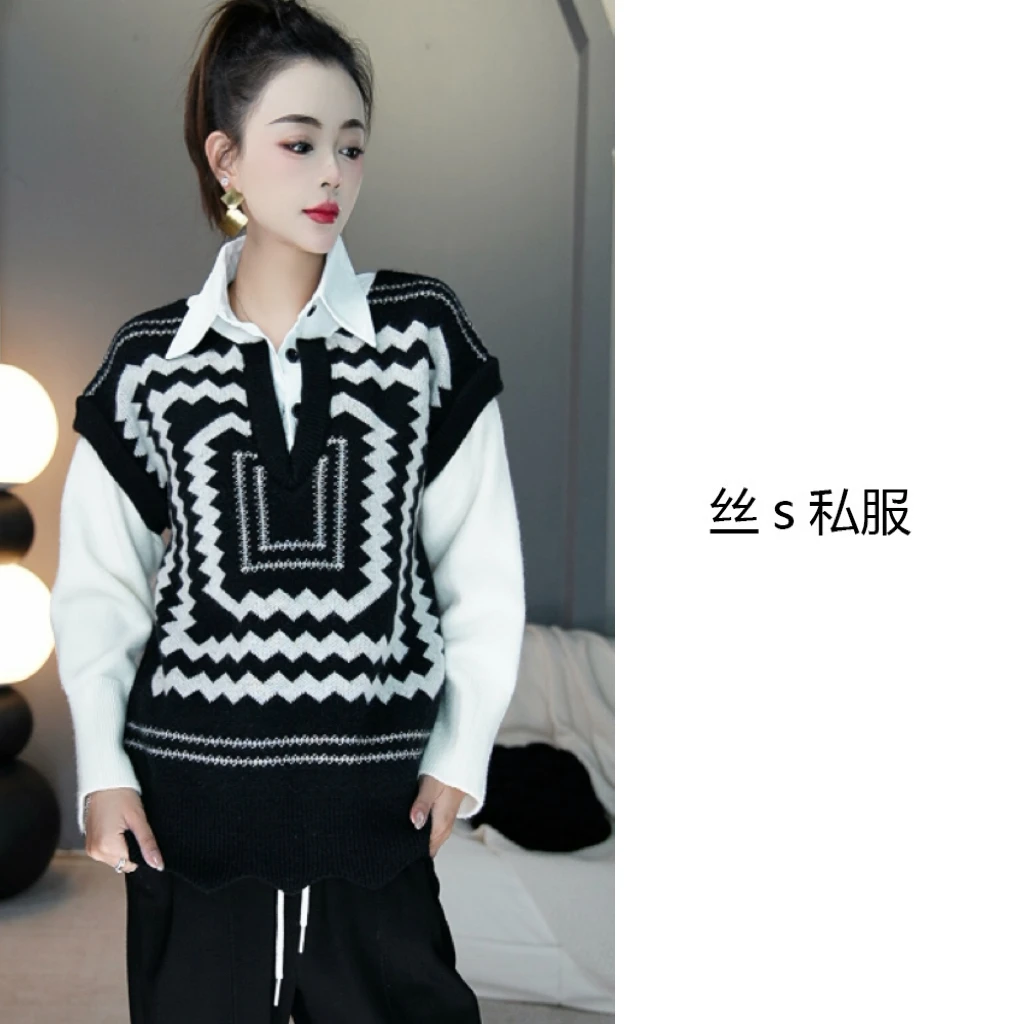 丝s私服【几何】秋冬拼接假两件毛衣衬衫上衣L7555