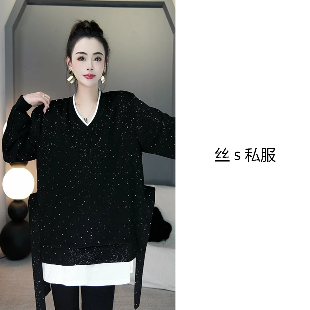 丝s私服【满天星】不规则假两件经典闪耀V领卫衣F23425