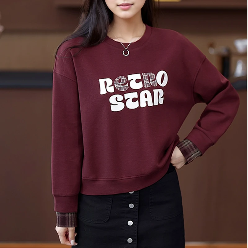 卫衣女宽松长袖拼色假二件秋季新款休闲百搭印花圆领秋冬时尚