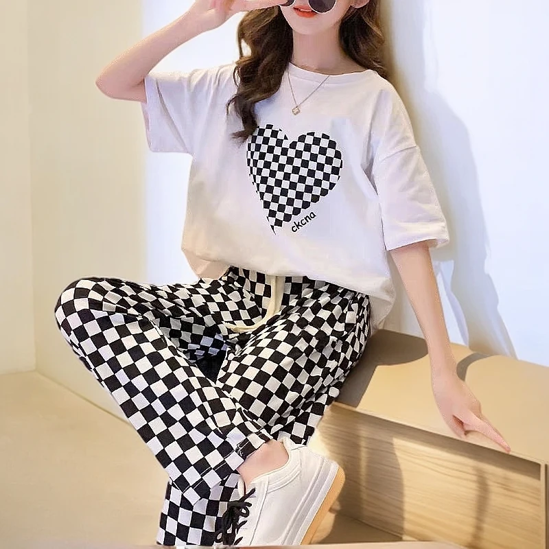 女棋盘格阔腿裤显瘦百搭拖地长裤潮流款