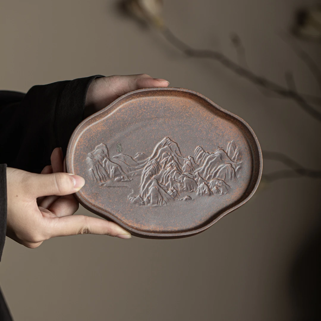 【正版川冶】海棠壶承.6820.中式复古茶壶垫家用办公干泡盘老岩泥