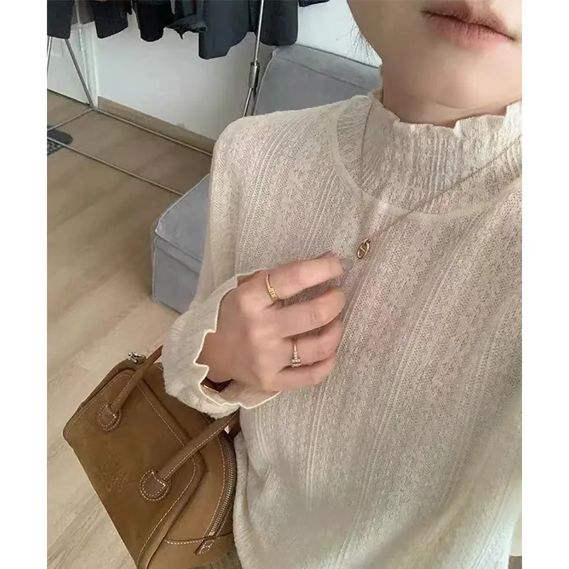 半高领荷叶边打底衫女针织衫秋装新款时尚洋气宽松休闲百搭上衣