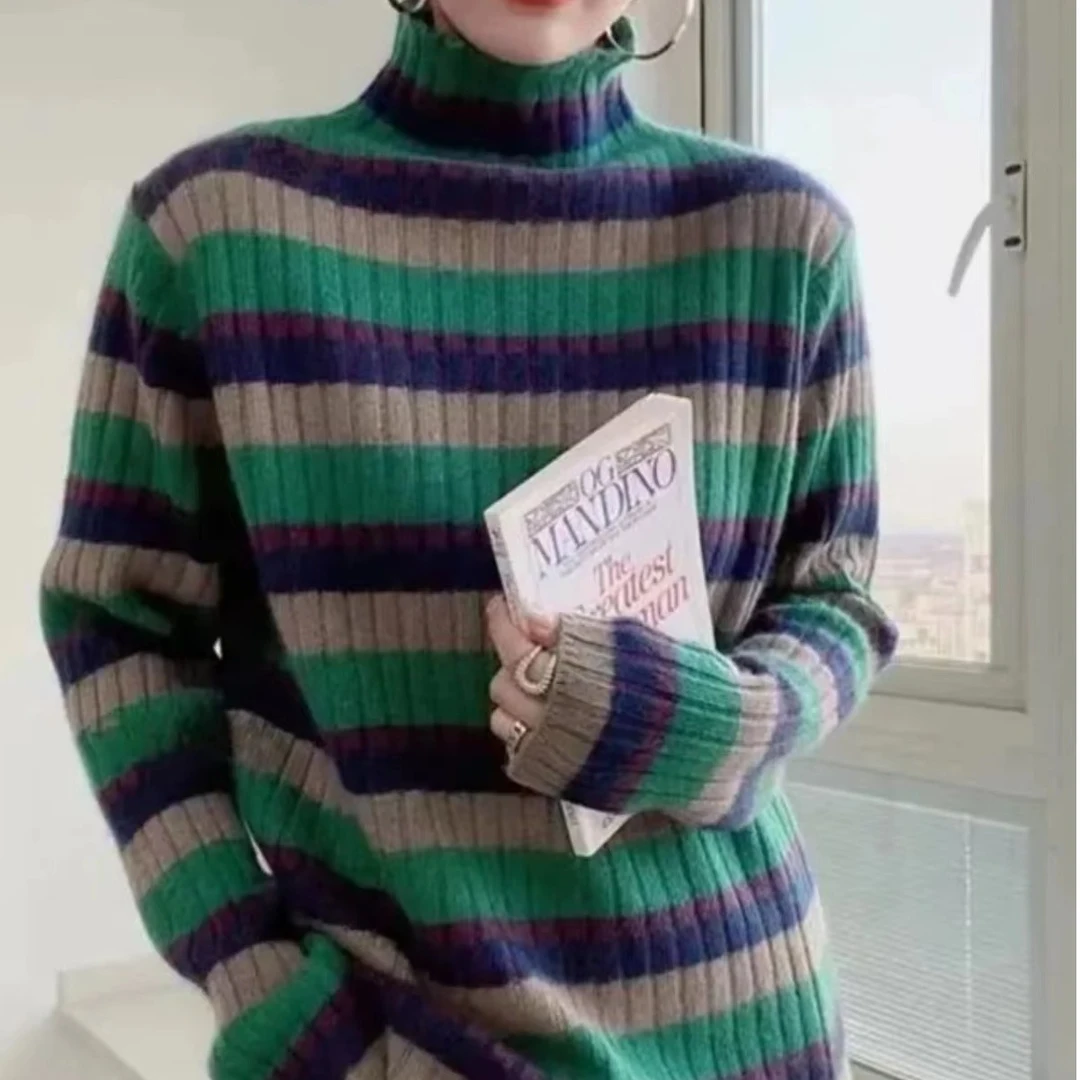 韩版高领条纹宽松秋冬女士毛衣时尚针织百搭撞色打底衫长袖上衣厚
