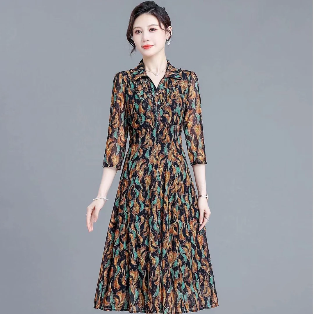 【9865】新款春夏妈妈装高贵优雅衬衫领台湾纱印花弹力女士长裙