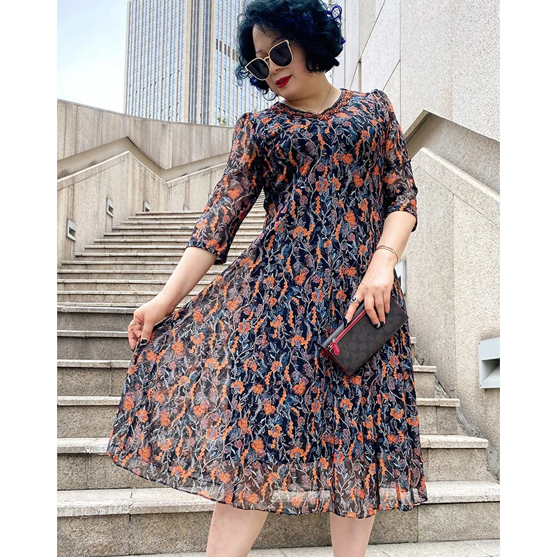 【93619】新款春夏妈妈装连衣裙高贵优雅台湾纱印花弹力女士长裙