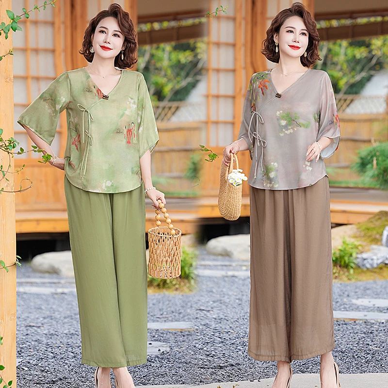 妈妈夏季套装新款中年洋气中袖国风宽松大码显瘦高档民族风套装