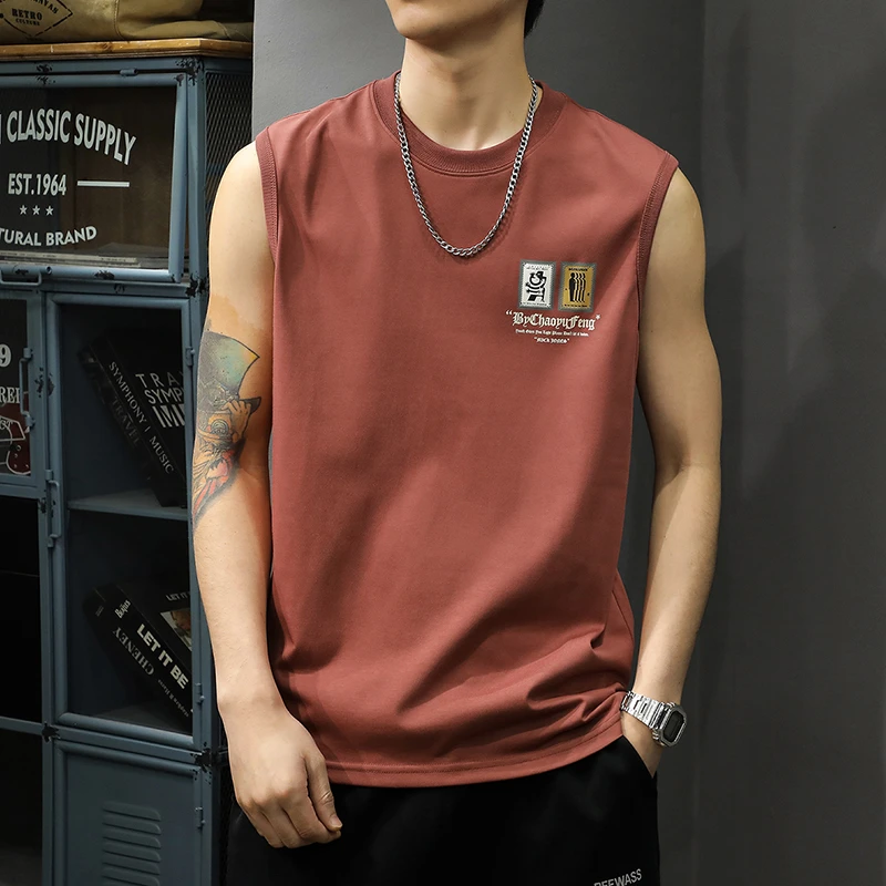 夏季260g重磅美式复古男士背心宽松大码跨栏运动坎肩潮牌无袖T恤t
