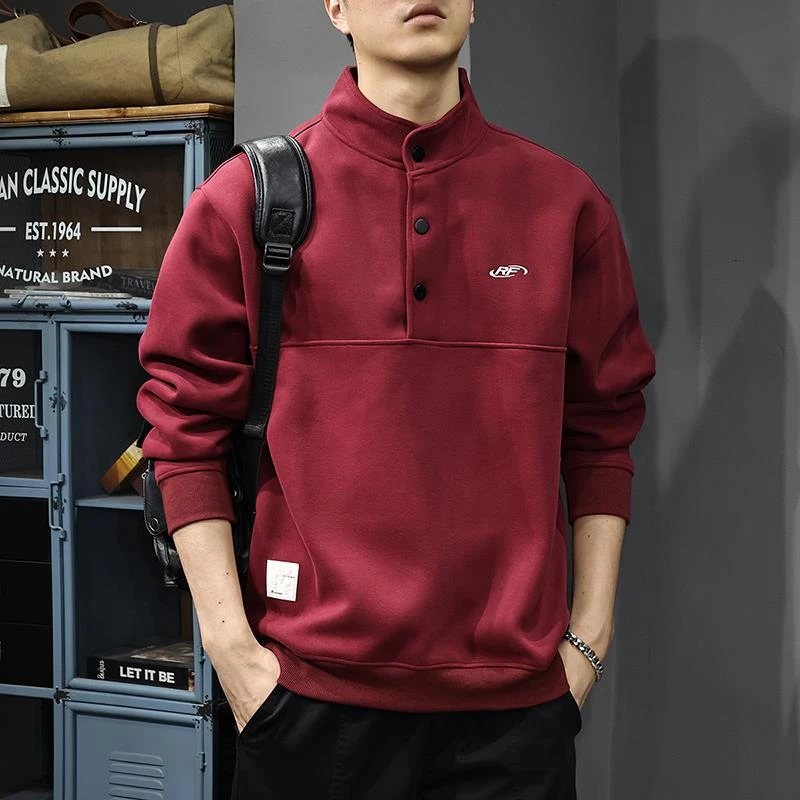 潮牌POLO立领卫衣男秋冬款重磅宽松大码男装冬季加绒男士红色上衣