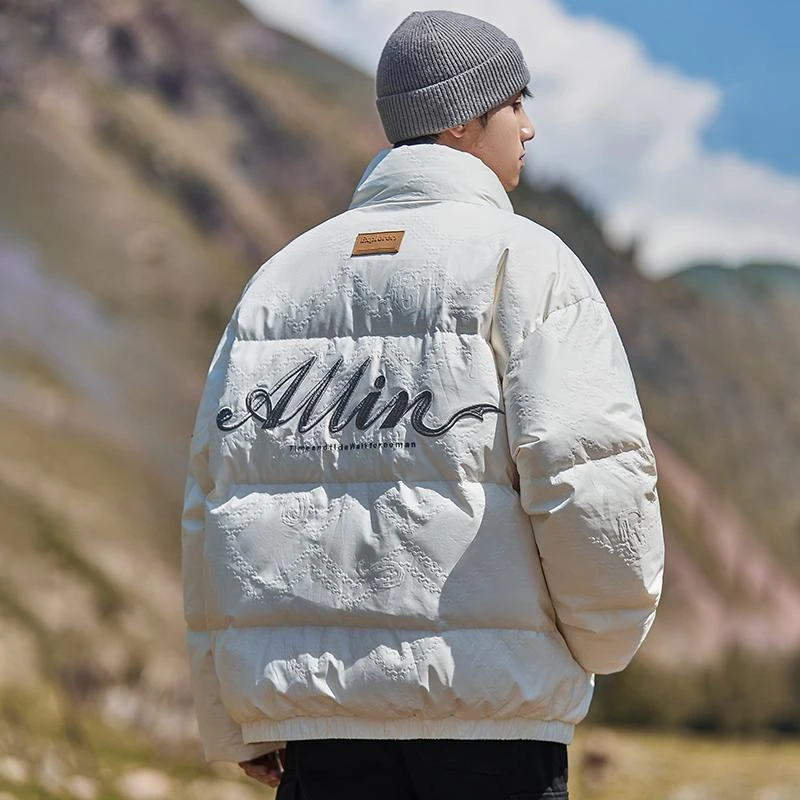 冬季潮牌刺绣羽绒服男士白鸭绒加厚保暖面包服宽松立领短款外套男