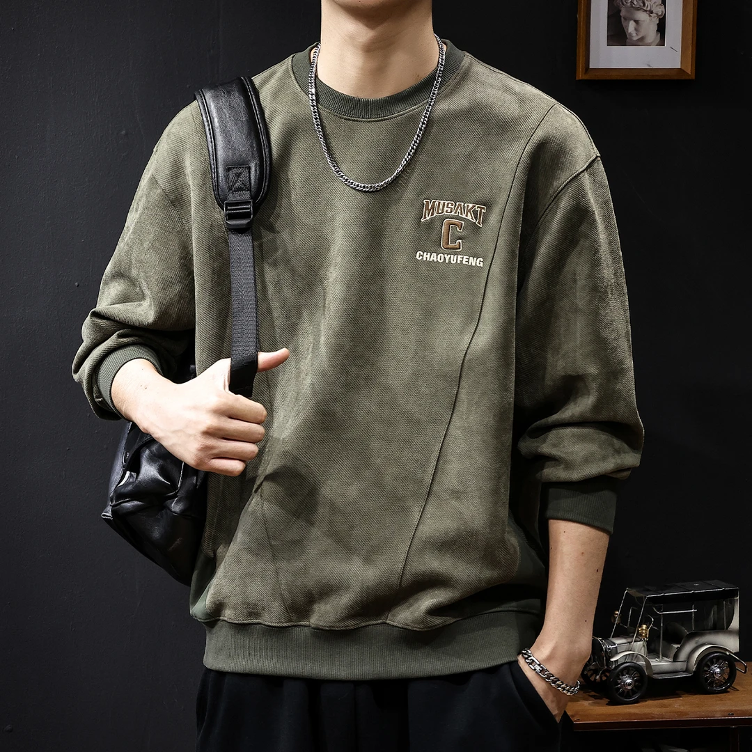 秋季重磅麂皮绒卫衣男士美式潮牌拼接刺绣上衣宽松大码秋冬款加绒