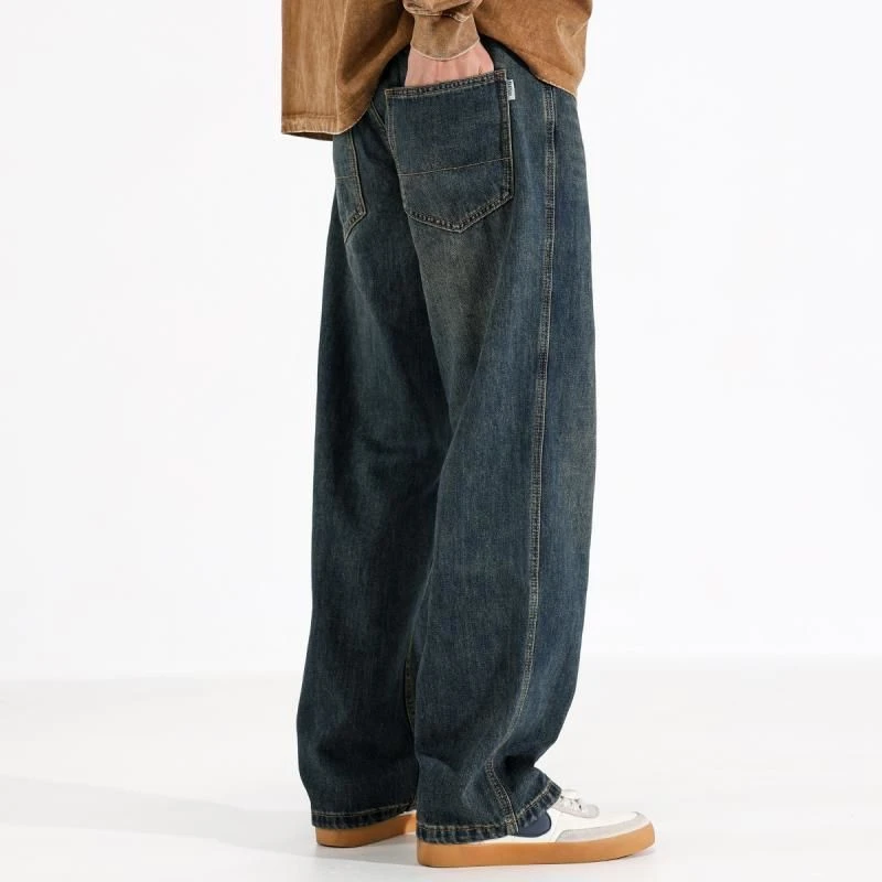 秋季新款美式复古水洗直筒牛仔裤男士宽松大码高街休闲阔腿长裤子