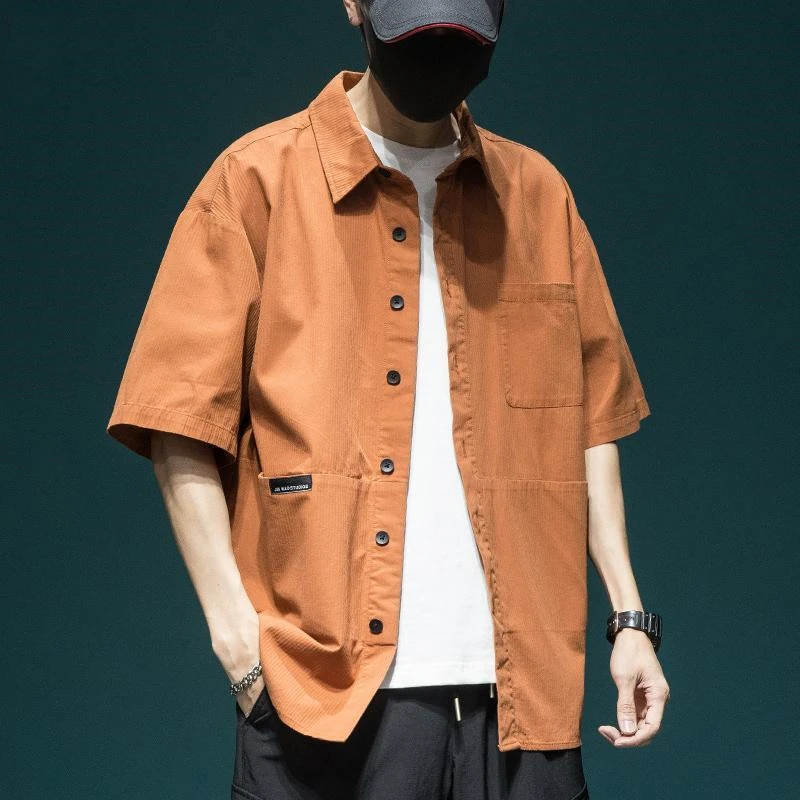 日系复古短袖衬衫男夏季薄款新潮牌宽松大码男士工装衬衣痞帅上衣