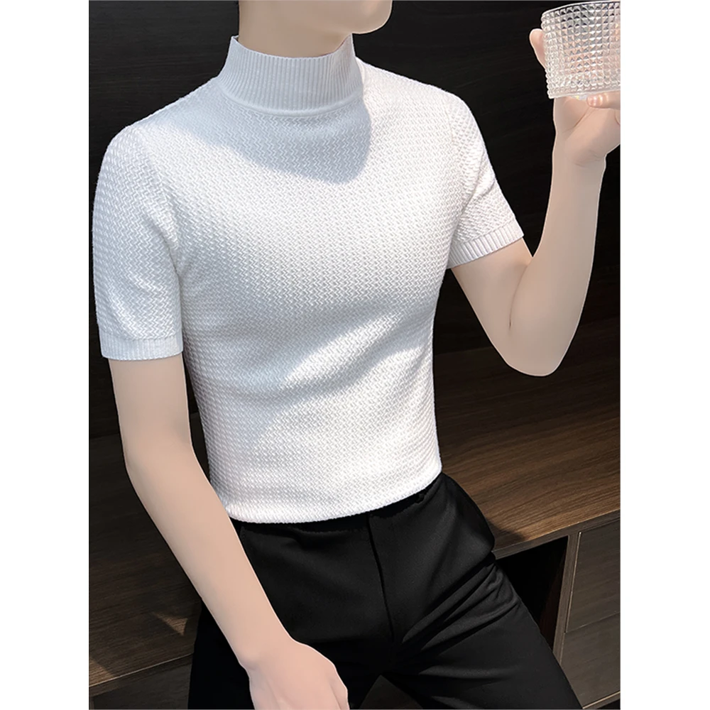 2025新款秋季男士半高领打底衫短袖针织毛衣中领时尚百搭内搭小衫