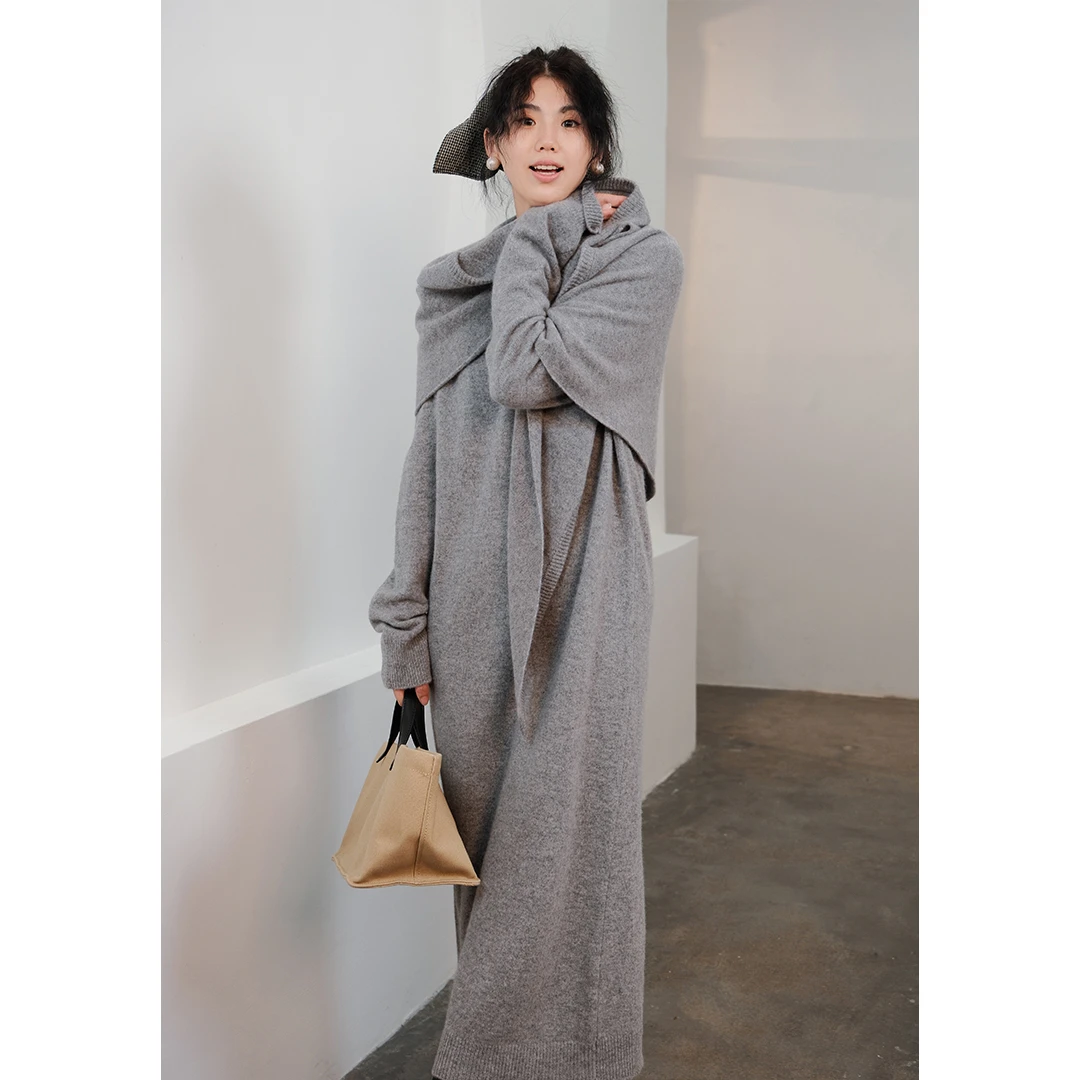 原创设计气质简约针织长款时尚百搭纯色披肩羊毛连衣裙SF6930