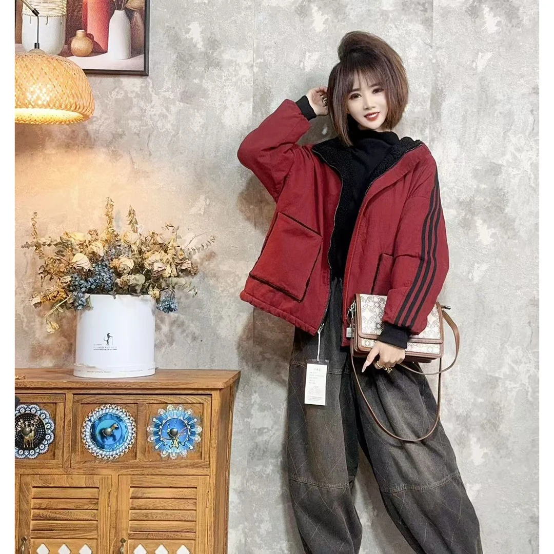 【沐木流浪记】（九域）2024新款加绒加厚条纹双面穿连帽外套z a963