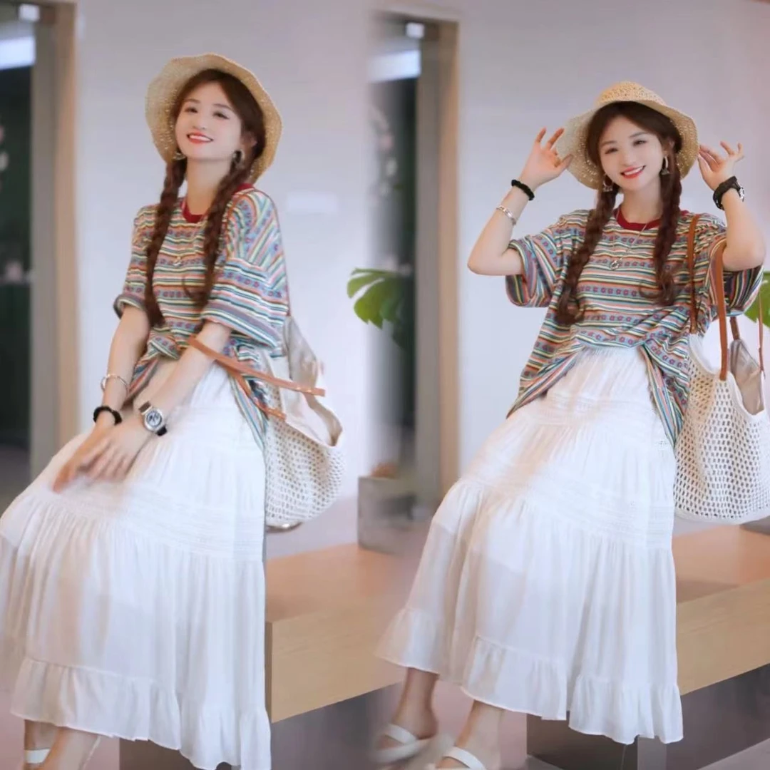 条纹美式复古短袖t恤女宽松中长款2024新款夏季设计感小众上衣服