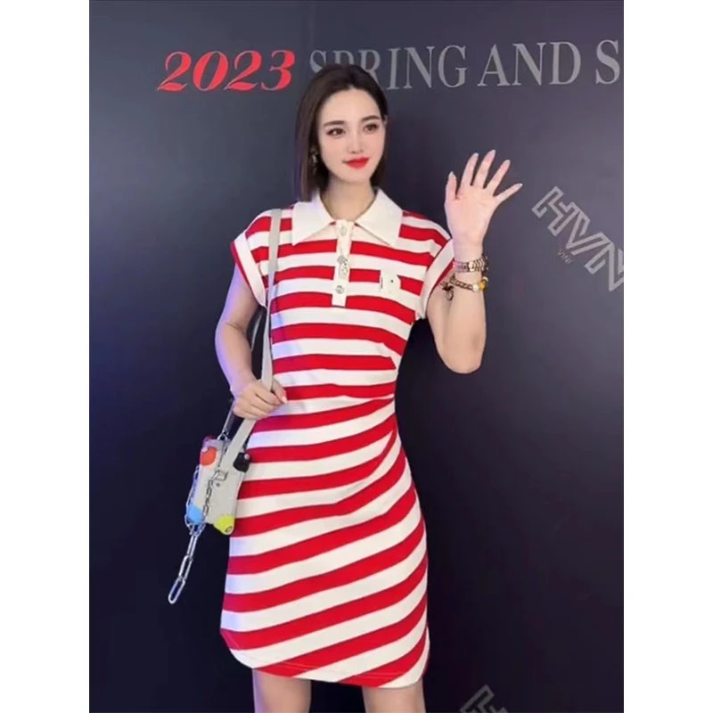 欧货POLO领开叉条纹连衣裙女2023夏季时尚气质收腰显瘦短袖中长裙