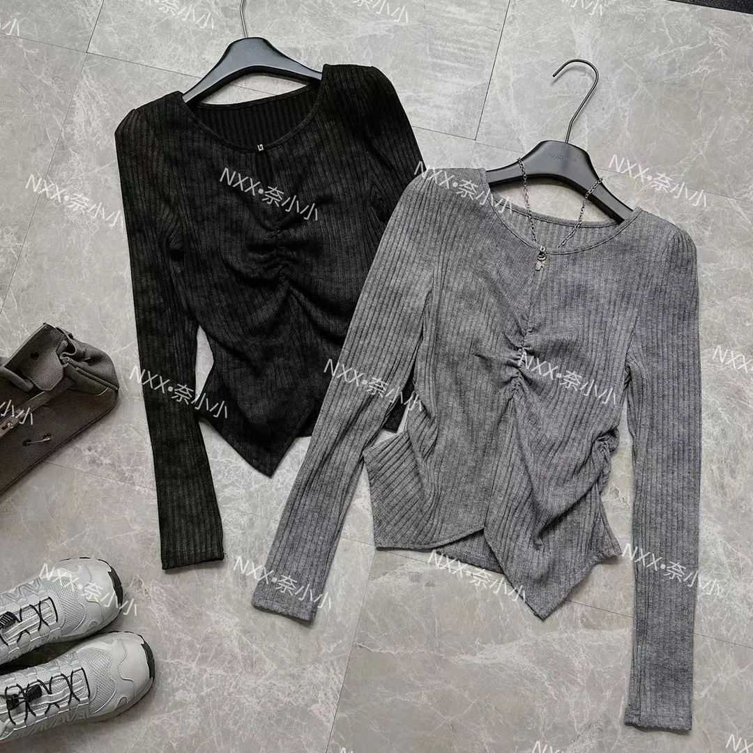 NXX 秋冬季时髦上衣复古晕染镂空收腰设计感修身长袖打底衫女秋