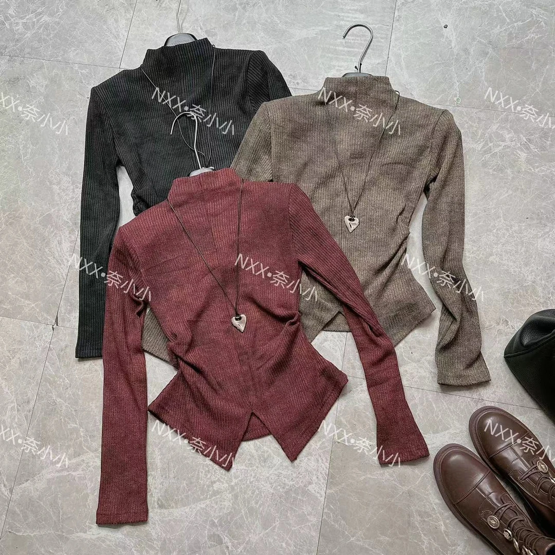 NXX 2024秋冬新款半高领针织打底衫女晕染修身显瘦内搭设计感上衣
