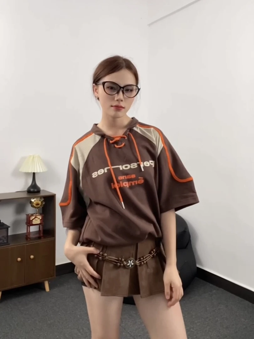 YIZILINGF 原创美式复古拼接绑带短袖T恤男女夏季透气宽松球衣潮