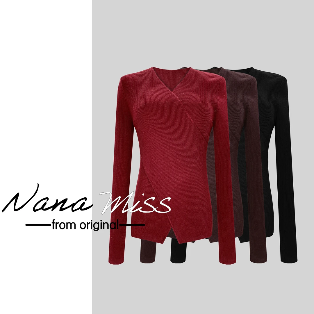 【优雅小姐姐】2024秋冬新款法式v领交叉裹胸长袖针织衫