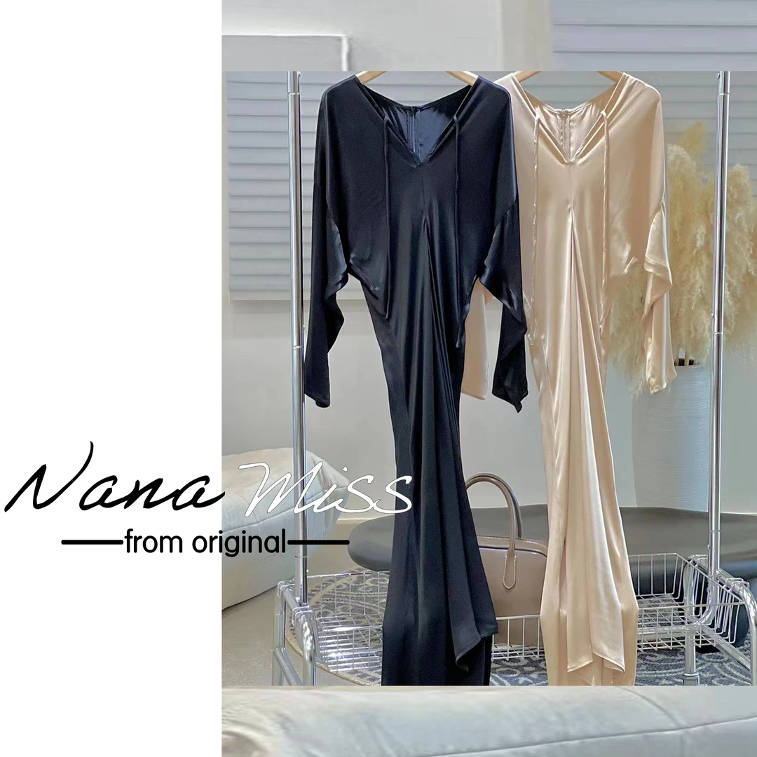 【轻奢鱼尾裙】2024春夏V领抽绳收腰气质缎面连衣裙