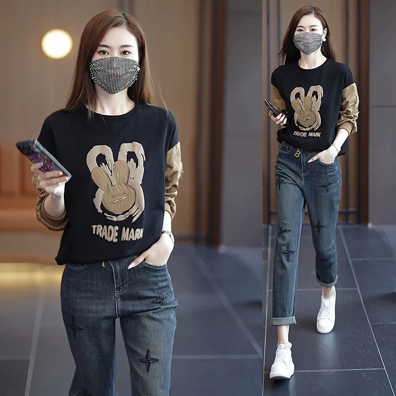 时尚休闲欧货刺绣套头卫衣女2023新款爆款秋冬季宽松减龄拼接上衣