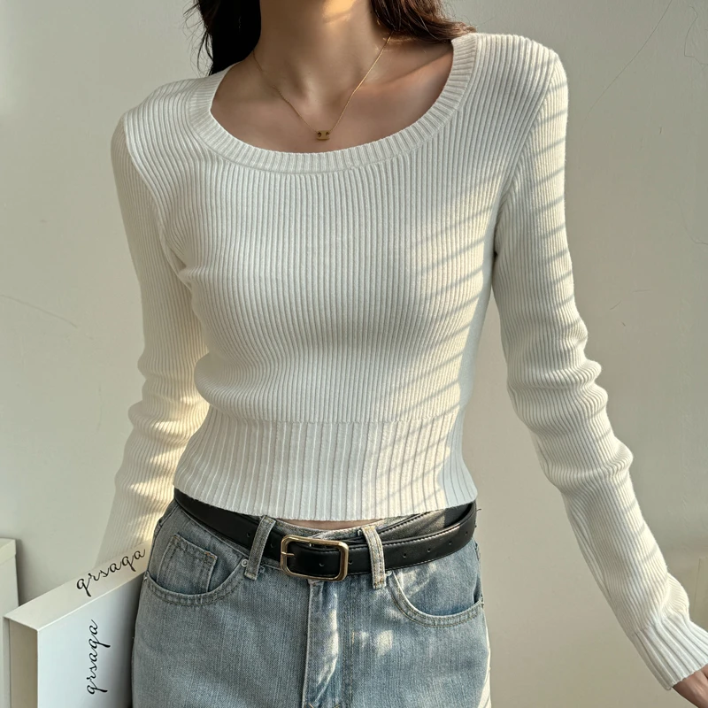 简约方领针织衫女2025秋冬新款修身内搭打底毛衣长袖上衣短款纯色