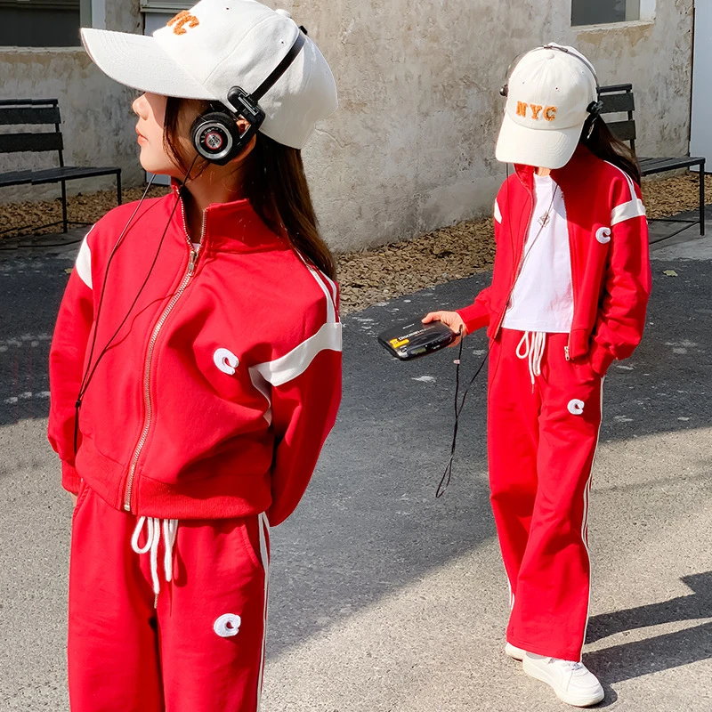 儿童运动套装春装开衫立领卫衣俩件套中大女童时尚阔腿裤套装亲子