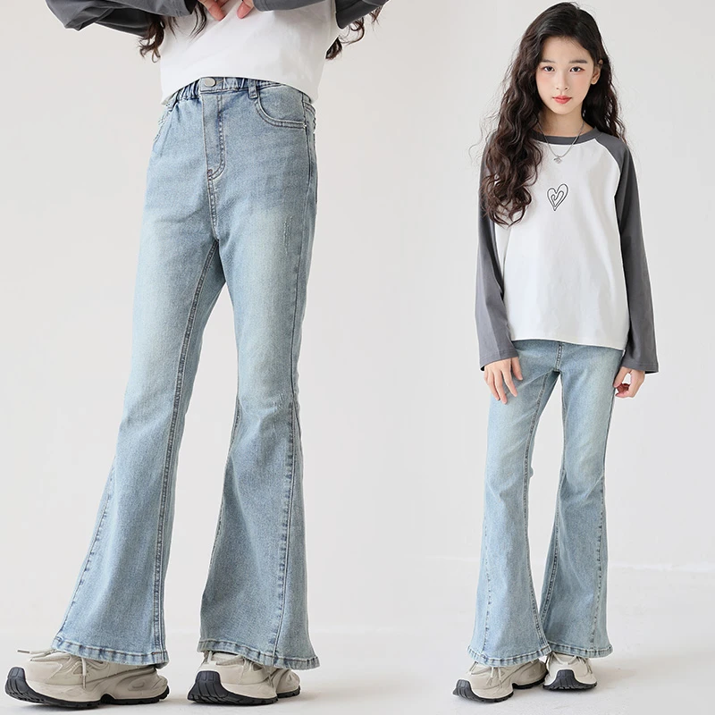 中大童喇叭牛仔裤2024秋季韩版长裤女童中腰百搭时髦喇叭裤亲子装