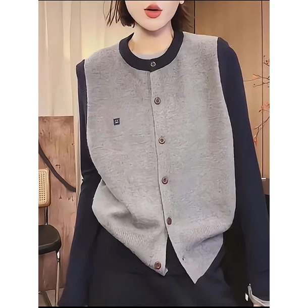 撞色圆领针织马甲女秋冬2024新款欧货复古高级感休闲宽松无袖上衣