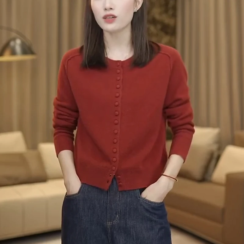 安哥拉红长袖针织衫女2025新款春秋简约毛衣外套减龄显瘦圆领上衣