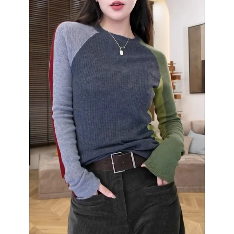 拼色圆领针织衫女2024秋季新款内搭打底毛衣时尚修身百搭长袖上衣