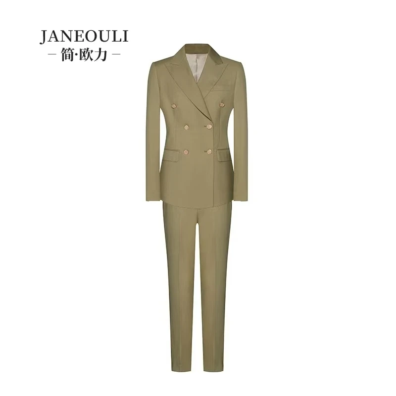 简欧力 浅草绿色 高端西装套装毛料两件套双排扣小脚裤长裤气质