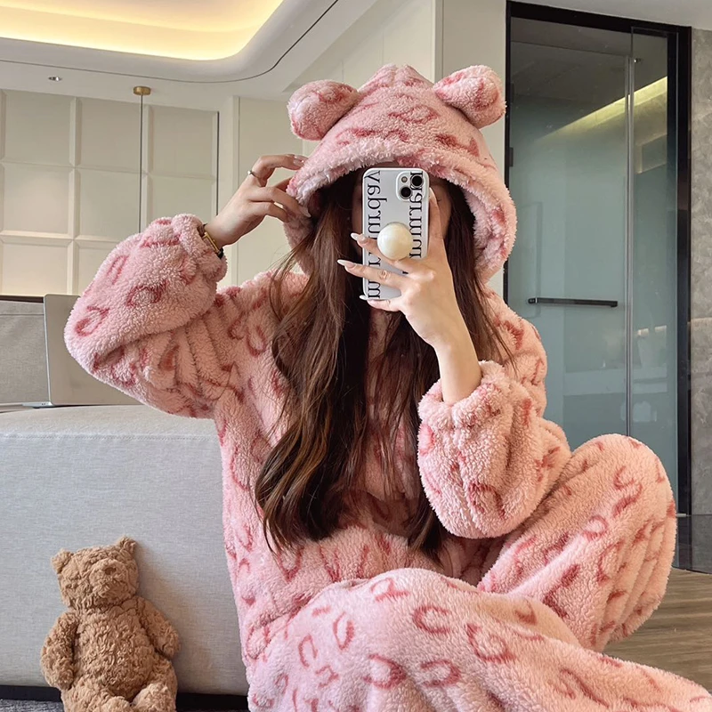 少女粉色豹纹珊瑚绒长袖连帽冬季睡衣女网红风家居服加厚保暖套装